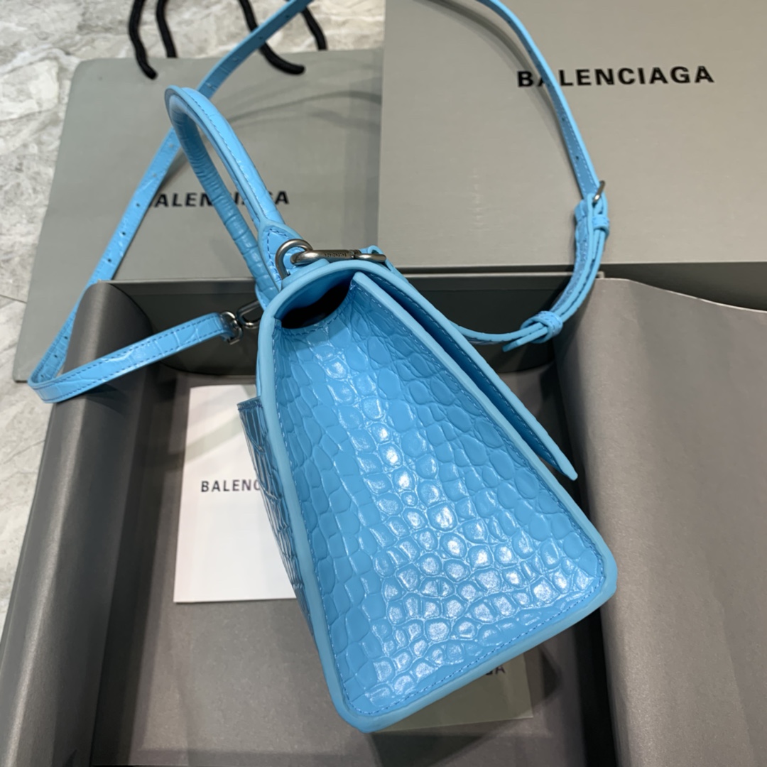 Balenciaga Hourglass Small Handbag Crocodile Embossed Shoulder Bag Sky Blue